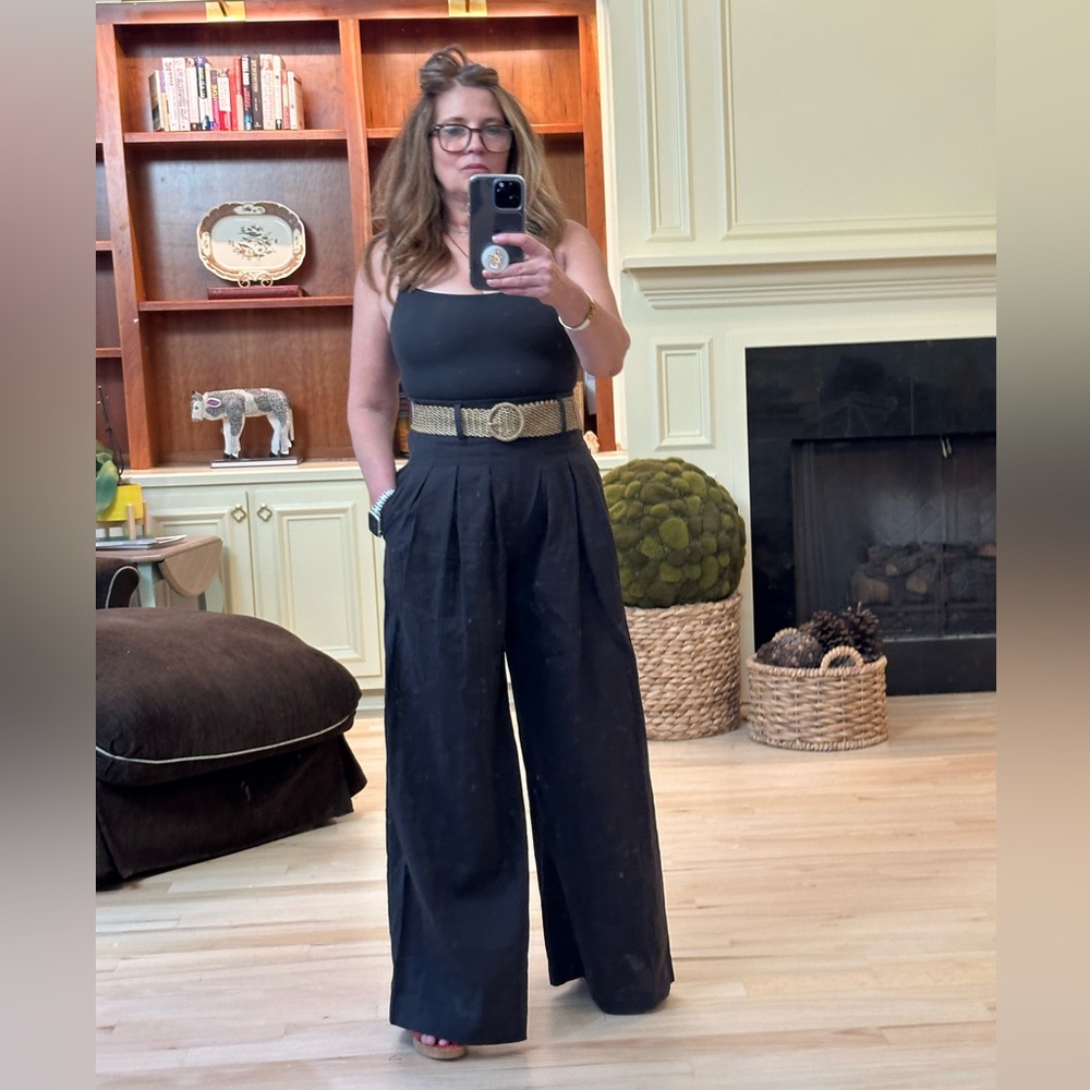 Eva Black Belted Pants, Wide Leg, Linen Look, Belt Included, NWT, Size Small